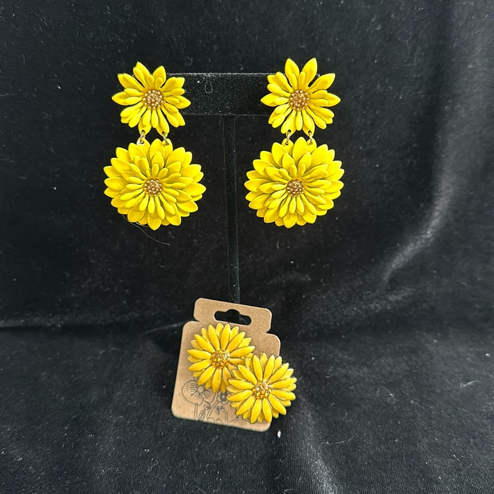 Sunflower pierced earrings, two pair, 1 pair dangle and other pair stud